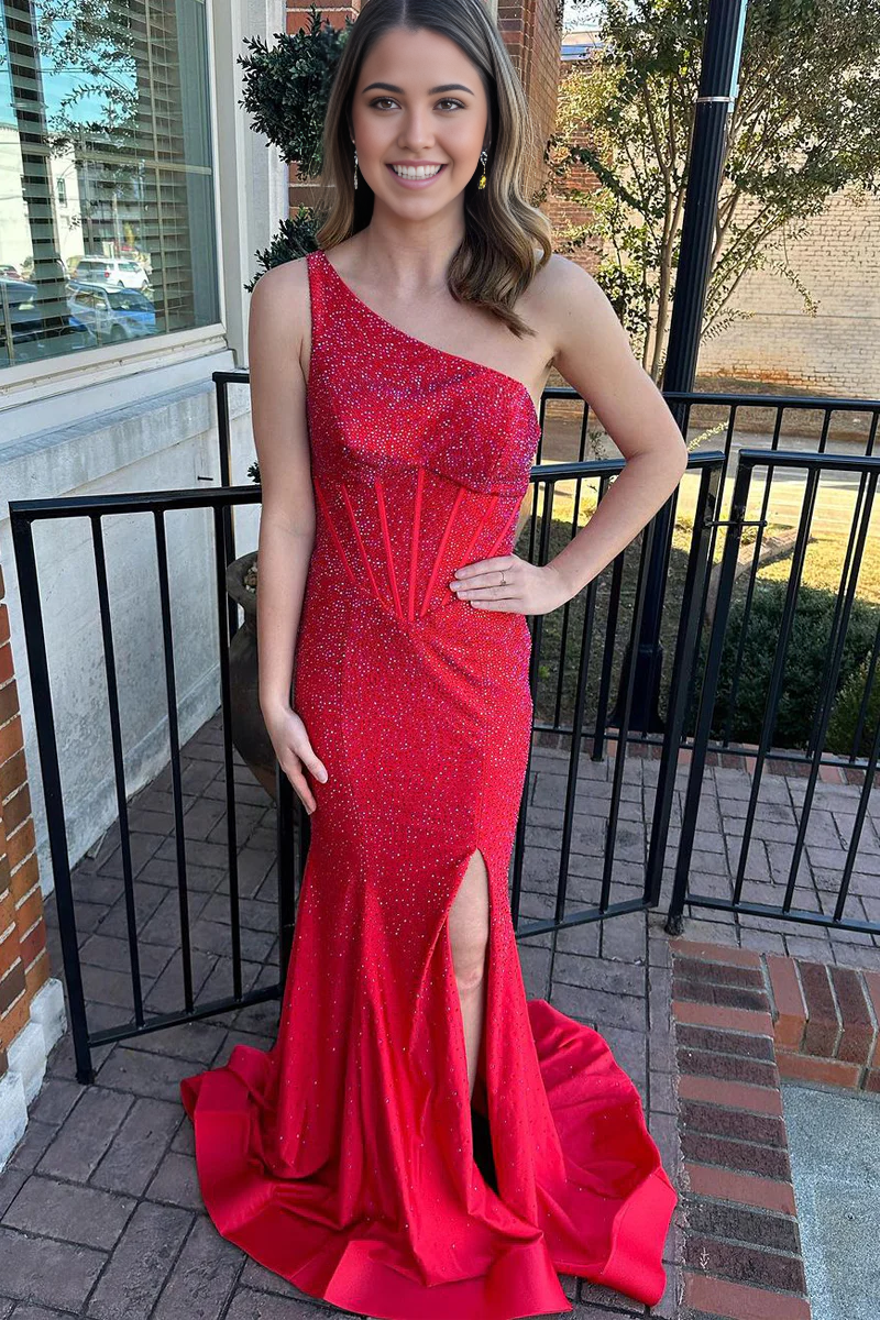 Mermaid One Shoulder Charming Red Beading Satin Long Prom Dresses with Slit